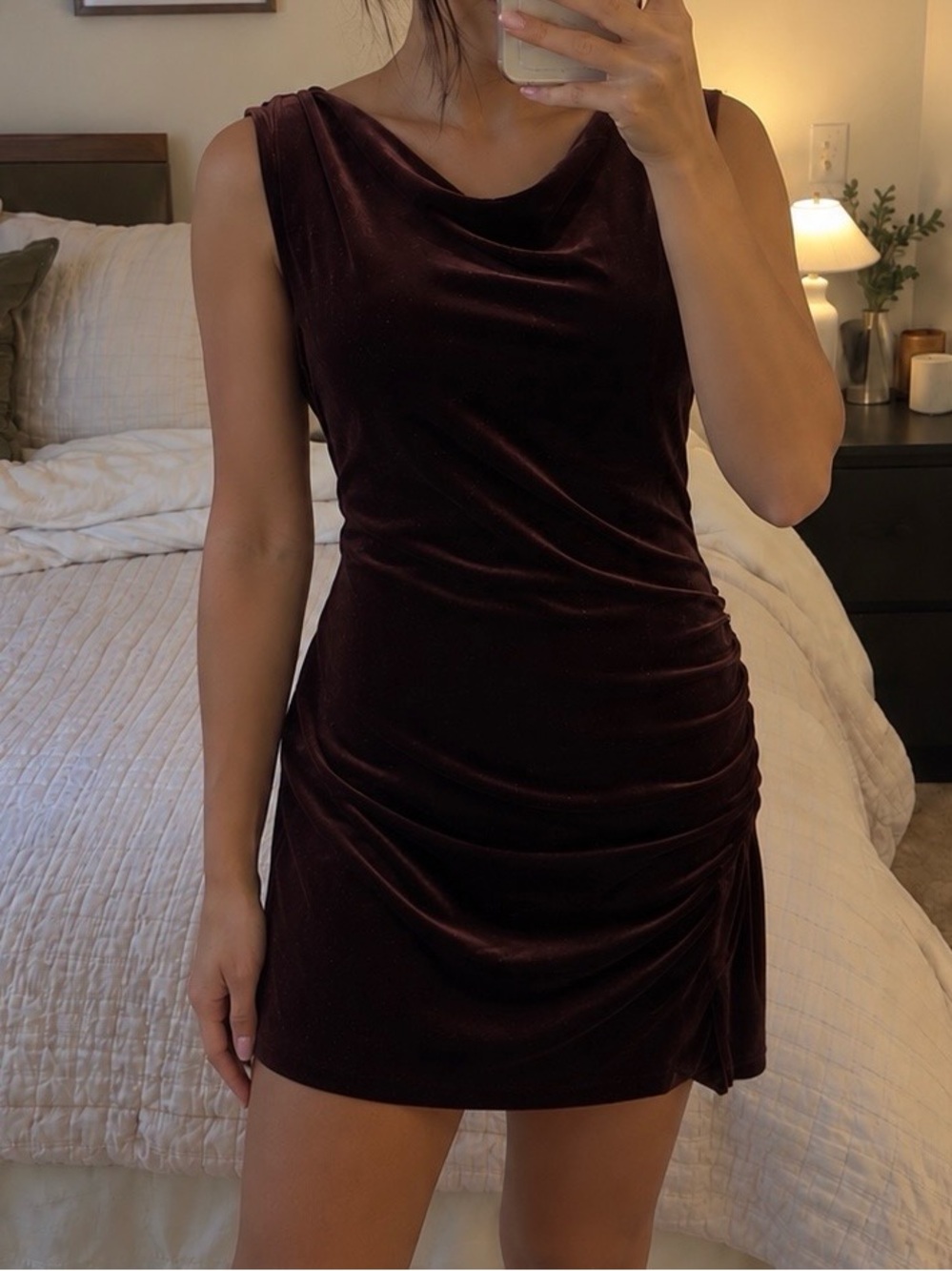Sleeveless Velvet Ruched Mini Dress - Burgundy S